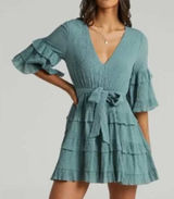 Showpo‎ Green Cotton Tiered Ruffle Mini Dress Belted V-Neck Bell Sleeve Plus 16 Photo 0