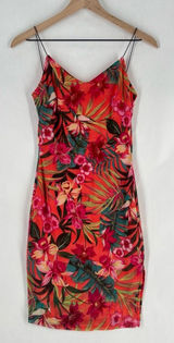 Papaya Coral Green Mesh Tropical Floral Print Spaghetti Strap V-Neck Mini Dress Photo 0