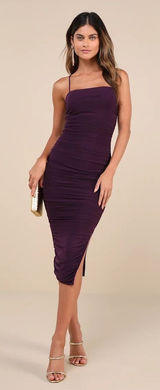 Lulus Flirty Instinct Purple Mesh Ruched Lace-Up Bodycon Midi Dress Wedding Sz S Photo 0