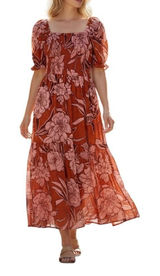 Patrons of‎ Peace Floral Midi Dress Medium Rust Pink Smocked Puff Sleeve Boho Photo 0