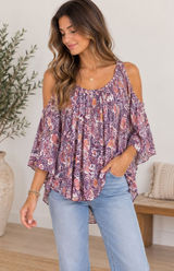 Free People Boho Cold Shoulder Blouse Womens Large Purple Paisley Bell Sleeve Photo 0