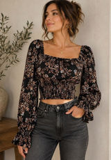 Free People Floral Smocked Crop Top L Square Neck Balloon Sleeve Black Boho Photo 0