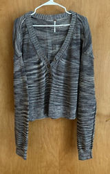 Free People Cardigan‎ Sweater Women S Grey Brown Space Dye Knit Cropped V-Neck Photo 0