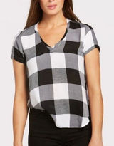 Anthropologie Cloth & Stone Buffalo Check V Neck Short Sleeve Boho Casual Top Photo 0