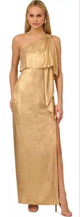 Adrianna Adrianna Papell Gold Metallic Layered One-Shoulder Gown Size 2 Photo 0