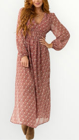 Umgee Burgundy Ditsy Floral Print Maxi Dress with Slits size Large Long Sleeves Photo 0