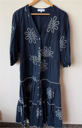 Pearl by Lela Rose Navy White Eyelet Embroidered Tiered 100% Cotton Maxi Dress Photo 0