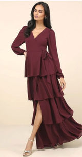 NWT Lulus Small Marvelous Grace Plum Long Sleeve Tiered Wrap Maxi Dress Sz XS Photo 0