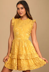 Lulus Women's‎ XS Yellow Floral Ruffle Sleeveless Mini Dress Photo 0