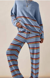 Free People Beach Mariner Knit Sweater Pants Matching Set XS Blue Striped Lounge Photo 0