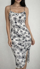 Cider off White Midi Dress Black Floral Print side slit bodycon size small NWT Photo 0
