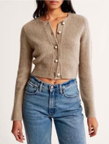 Abercrombie & Fitch Womens Cropped Ribbed Pearl Button Cardigan Sweater Taupe S Photo 0