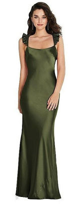 Social Bridesmaids Olive Green Satin Ruffle Flutter‎ Sleeve Maxi Dress XS 8219 Photo 0