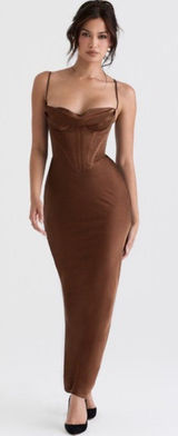 House of CB Brown Satin Corset Maxi Dress XS Photo 0