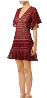 Marissa Webb Cybil Maroon Lace Flutter Sleeve Dress Size Small Sheer Lace Drama Photo 0