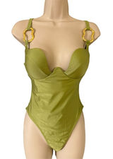 Olive green one piece swimsuit gold tone metal accents size small Photo 0