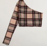 One Shoulder Burberry Print Crop Top Photo 0