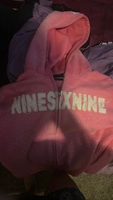 Pink rhinestone hoodie with design and distressed words Photo 0