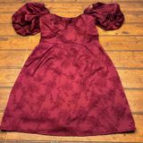 Altar'd State Burgundy Floral Jacquard Puff Sleeve Mini Dress XS‎ Red Satin Tie Photo 0