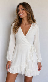 Altar'd State Womens S White Wrap Mini Dress Ruffle Long Sleeve Bridal NWT Photo 0