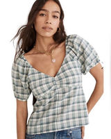 Madewell Plaid Puff Sleeve Ruched Bodice Green White Milkmaid Top Xs Photo 0