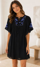 Blue Rain Women’s XXS Black Embroidered Floral Boho Mini Dress Bell Sleeve Photo 0