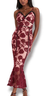 Lulus Alluring Dream Burgundy Floral Mesh Lace Trumpet Midi Dress Large Romantic Photo 0