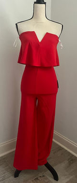Lulu’s Red Strapless Wide‎ Leg Jumpsuit XS Classic Minimalist Chic Wedding Guest Photo 0