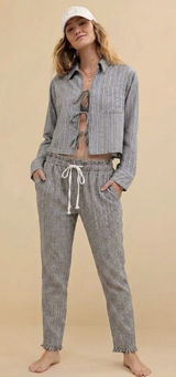 Aerie Off Duty Cotton Pinstripe Frayed Hem taper Lounge pants trouser White XS Photo 0