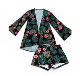 SHEIN Black Tropical Floral‎ Swim Coverup Set with Green & Pink Photo 0