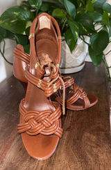 Tory‎ Burch Audrianna Knotted Leather Heeled Sandals Dressy - Tan Size 8M Photo 0