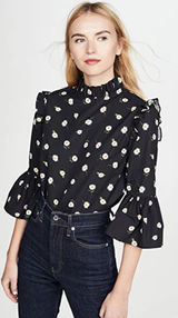 Alice + Olivia Women Cotton Henrietta Daisy Blouse Black Ruffle Bell Sleeve Photo 0
