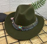 Dark Green‎ Western Cowboy, Cowgirl Hat, Bead Tassle Strap, Men Women Wide Brim Photo 0