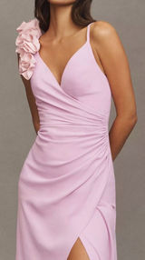 Dress The Population Camelia Ruffle-Shoulder V Neck Crepe Maxi Dress sz L Photo 0