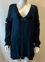 Free People Navy Blue Peasant Ruffled Long Sleeve Babydoll Tunic Photo 0
