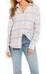 FREE PEOPLE‎ Frayed Plaid Button Up Long Sleeve White Pink Small Photo 0