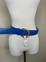 Royal Blue Leather Deadstock Wide Belt Gold "Chain" Buckle Sz XL Photo 0