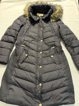 Michael Kors Womens Black Down Puffer Coat Faux Fur Hood Parka XS Long Jacket Photo 0