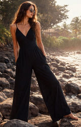 Japna Black Linen Blend Tie Back Wide Leg Jumpsuit L NWOT Pockets Photo 0