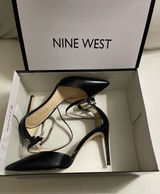 Nine West Black Terasa Pointed-Toe Ankle-Strap & Silver Accents Strap Heels 6.5 Photo 0