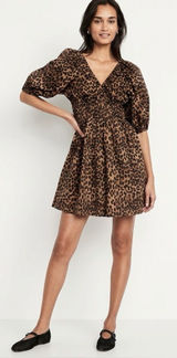 Old Navy Women’s V-Neck Leopard Smocked Puff Sleeve Mini Dress Size Large Photo 0