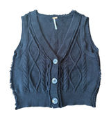 Free People Black Cable Knit Sweater Vest V-Neck Button Front Frayed Edge Large Photo 0