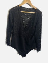 Boohoo Bodysuit Womens‎ 16 Black Floral Lace Long Sleeve V-Neck Sexy Night Out Photo 0