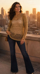 Lauren Ralph Lauren‎ Gold Metallic Pointelle Knit Crochet Sweater Top Womens M Photo 0
