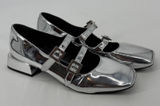 GB Silver‎ Metallic Double Strap Mary Jane Square Toe Block Heel Shoes Size 11 Photo 0