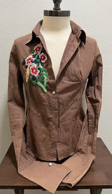 VTG Miss Me Brown Striped Button Up Blouse Sz M Embroidered Photo 0