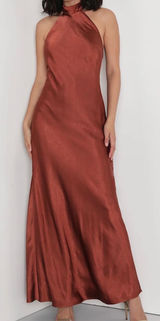NWT Lulus Size XS Love in Your Life Rust Brown Satin Halter Maxi Dress Formal Photo 0