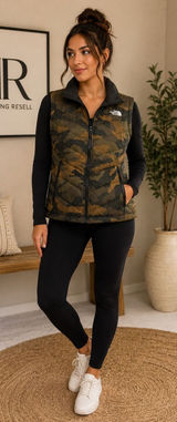 The North Face Womens Camo Puffer Vest Green Brown Quilted Full Zip Small Photo 0