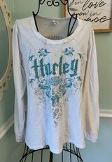 Harley Davidson‎ White Long Sleeve Tee Teal Lettering Faceted Beads Metallic L Photo 0