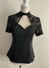 SHEIN Top Size L Black Lace Short Sleeve Keyhole Mock Neck Sweetheart Blouse Photo 0